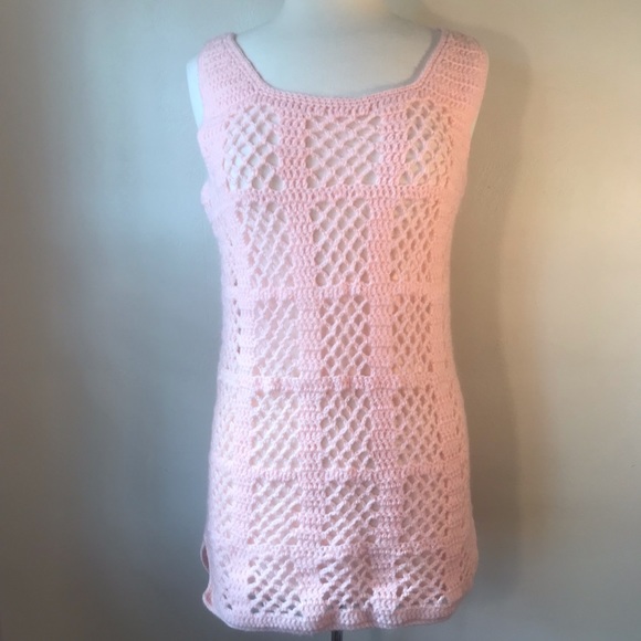 Vintage Pink Crocheted Sweater, Sweater Vest, Mini Dress, Grannycore Cottagecore - Picture 6 of 13